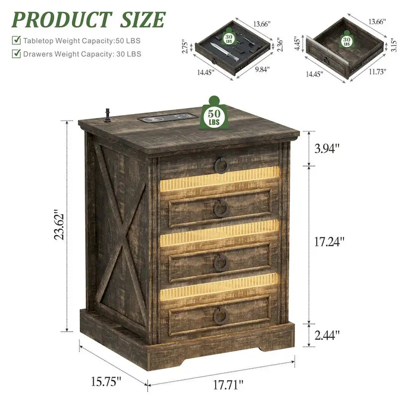 LED 2-Drawer Nightstand With Charging Station and Gun Drawer