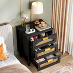 Wood/ Rattan Nightstand Bedside Table with 3-drawer