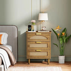 Wood/ Rattan Nightstand Bedside Table with 3-drawer