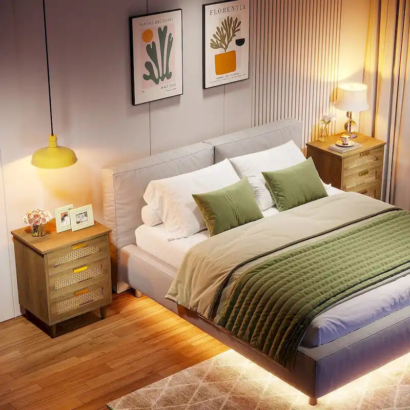 Wood/ Rattan Nightstand Bedside Table with 3-drawer