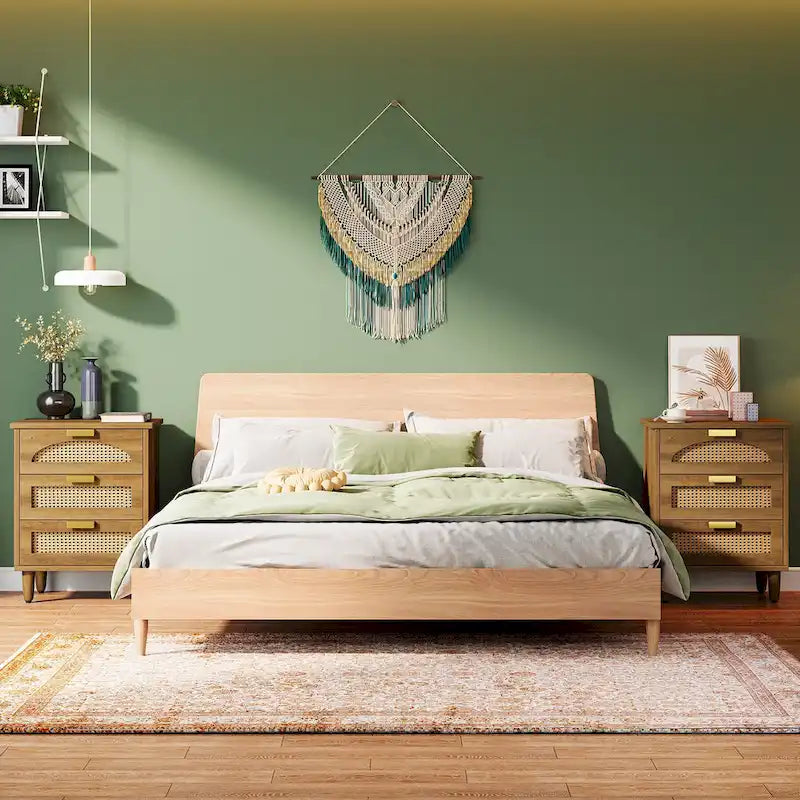 Wood/ Rattan Nightstand Bedside Table with 3-drawer