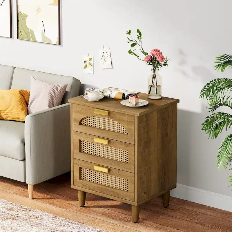 Wood/ Rattan Nightstand Bedside Table with 3-drawer