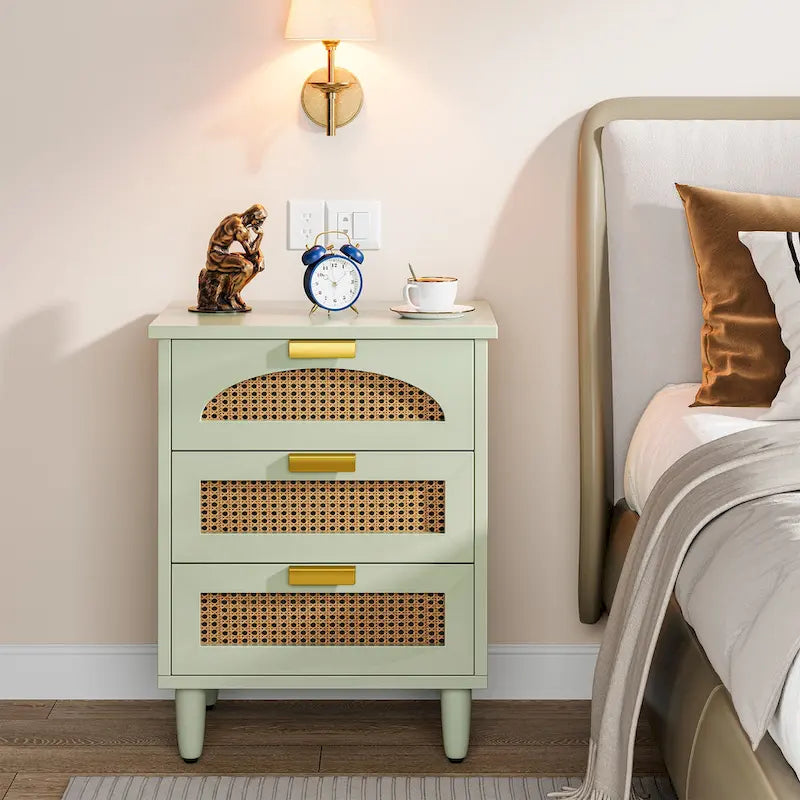 Wood/ Rattan Nightstand Bedside Table with 3-drawer