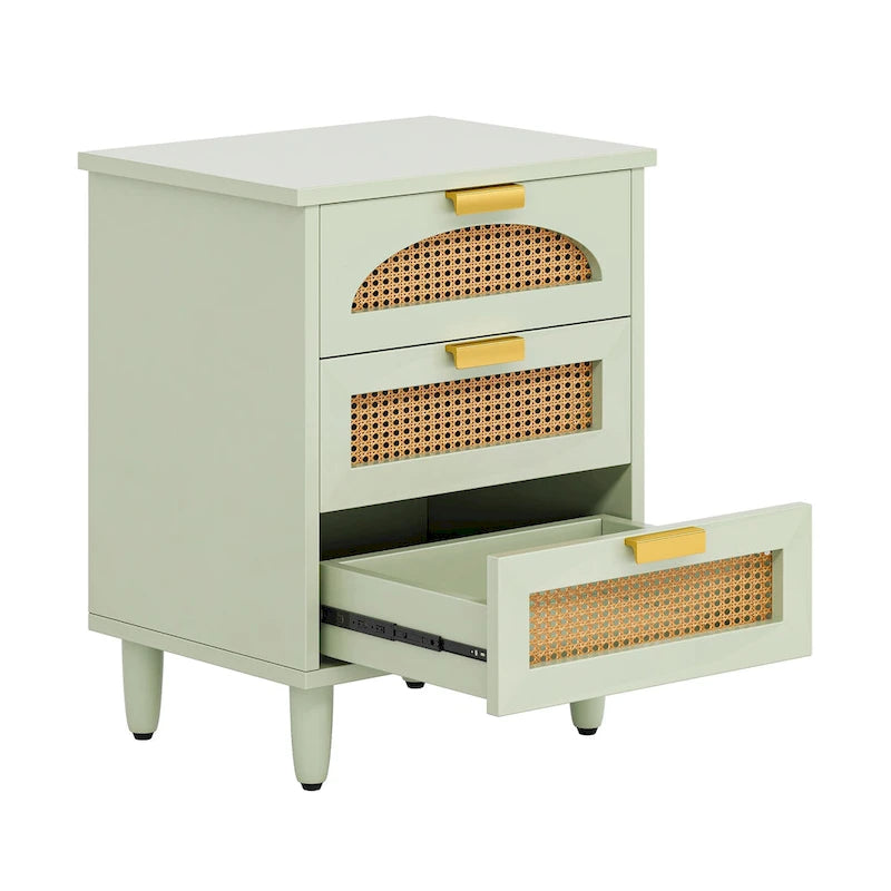Wood/ Rattan Nightstand Bedside Table with 3-drawer