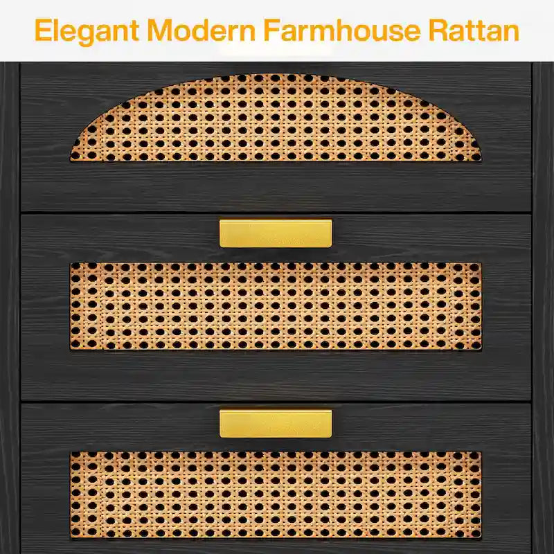 Wood/ Rattan Nightstand Bedside Table with 3-drawer