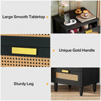 Wood/ Rattan Nightstand Bedside Table with 3-drawer