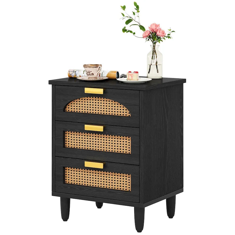 Wood/ Rattan Nightstand Bedside Table with 3-drawer