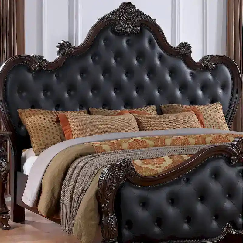 Furniture of America Eugene Traditional Solid Wood Panel Bed with Tufted Leatherette Headboard