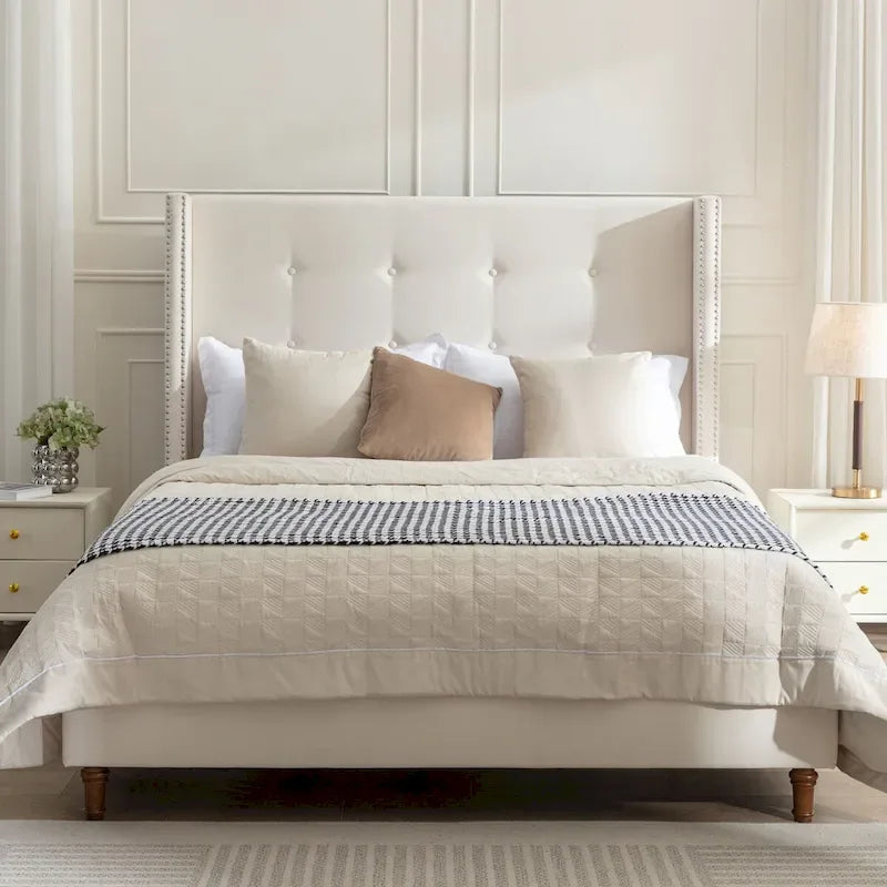 Upholstered Queen Bed with Nailhead Trim Wingback Headboard