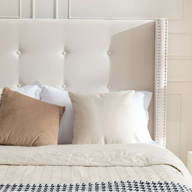 Upholstered Queen Bed with Nailhead Trim Wingback Headboard
