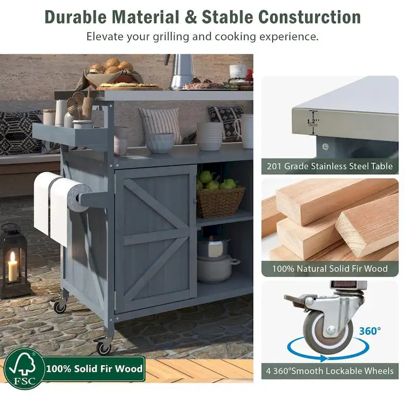 50.25 in. Farmhouse Solid Wood Outdoor Kitchen Island Grill Cart with Stainless Steel Top