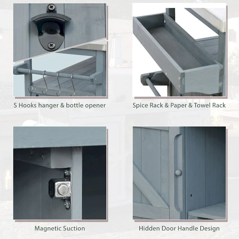 50.25 in. Farmhouse Solid Wood Outdoor Kitchen Island Grill Cart with Stainless Steel Top