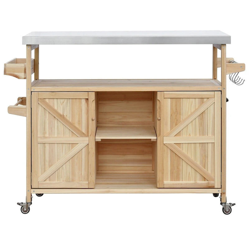 50.25 in. Farmhouse Solid Wood Outdoor Kitchen Island Grill Cart with Stainless Steel Top