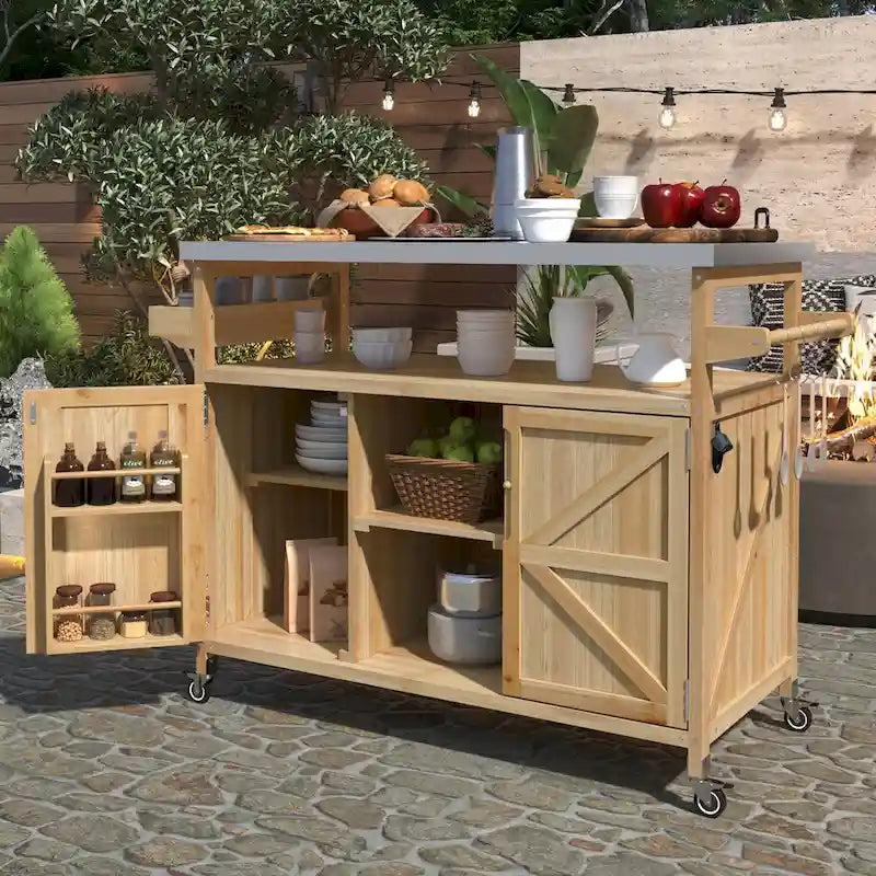 50.25 in. Farmhouse Solid Wood Outdoor Kitchen Island Grill Cart with Stainless Steel Top