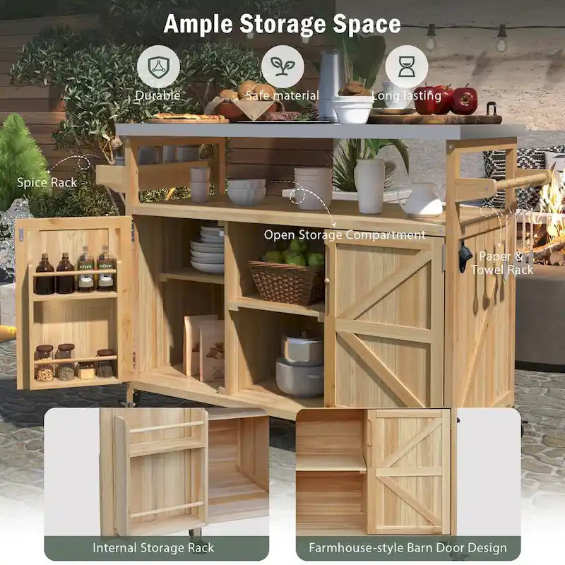 50.25 in. Farmhouse Solid Wood Outdoor Kitchen Island Grill Cart with Stainless Steel Top