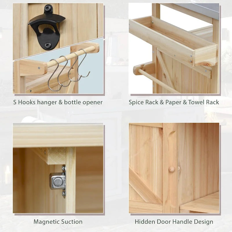 50.25 in. Farmhouse Solid Wood Outdoor Kitchen Island Grill Cart with Stainless Steel Top