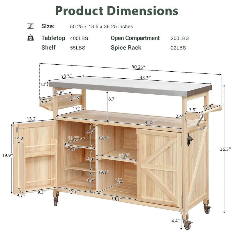50.25 in. Farmhouse Solid Wood Outdoor Kitchen Island Grill Cart with Stainless Steel Top