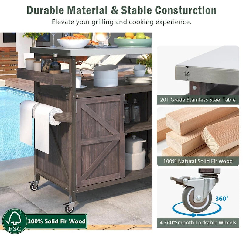 50.25 in. Farmhouse Solid Wood Outdoor Kitchen Island Grill Cart with Stainless Steel Top