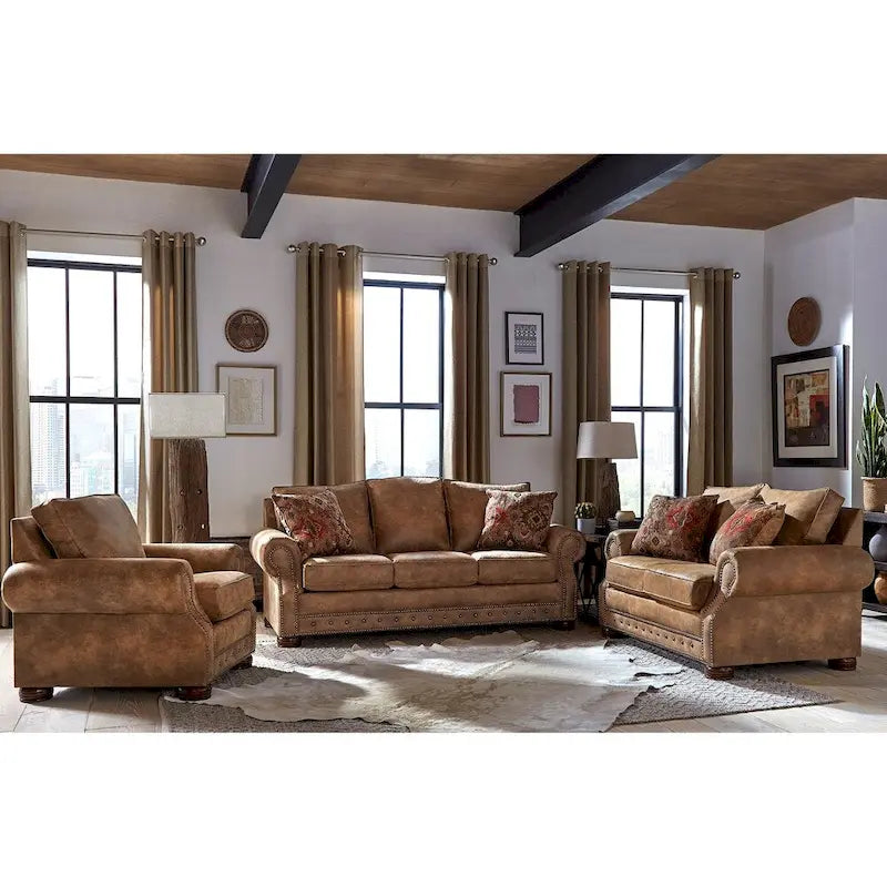 Rancho Rustic Brown Buckskin Fabric 3-pc. Sofa Bed, Loveseat, and Chair Set