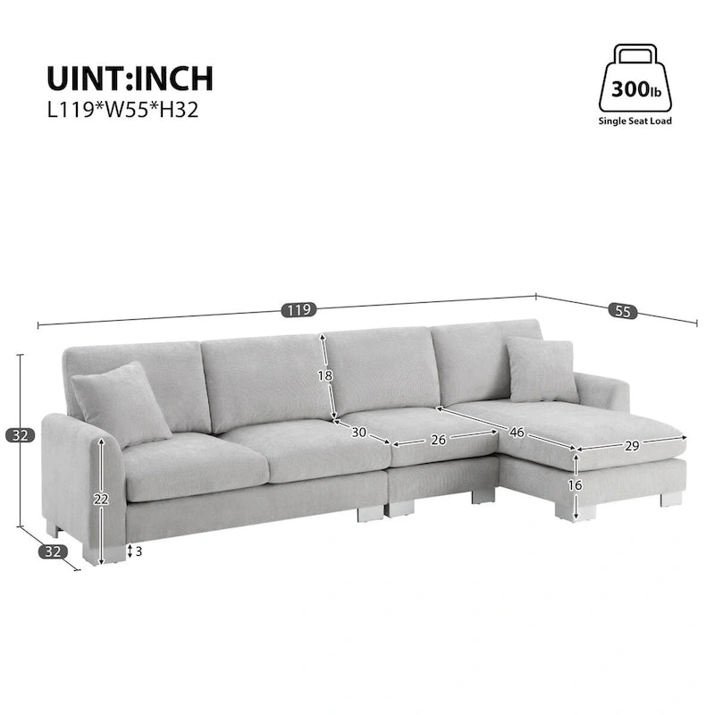 119*55 Oversized Sectional Sofa,L-shaped Luxury Couch Set with 2 Free pillows,5-seat Chenille Indoor Furniture with Chaise