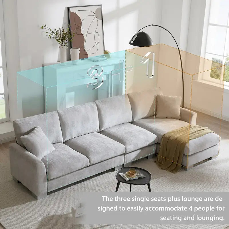 119*55 Oversized Sectional Sofa,L-shaped Luxury Couch Set with 2 Free pillows,5-seat Chenille Indoor Furniture with Chaise