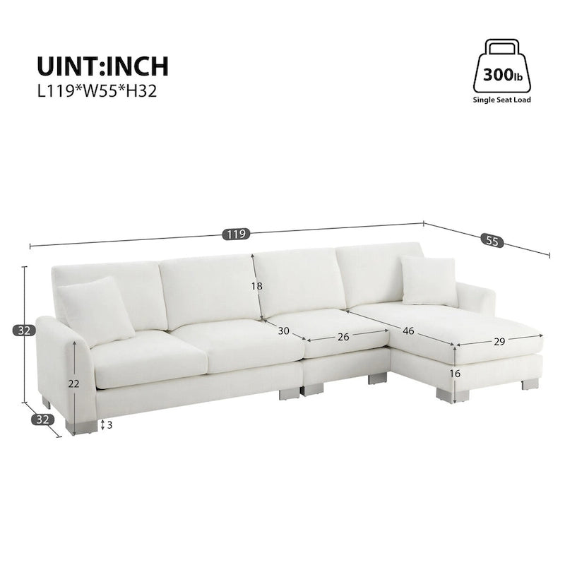 119*55 Oversized Sectional Sofa,L-shaped Luxury Couch Set with 2 Free pillows,5-seat Chenille Indoor Furniture with Chaise