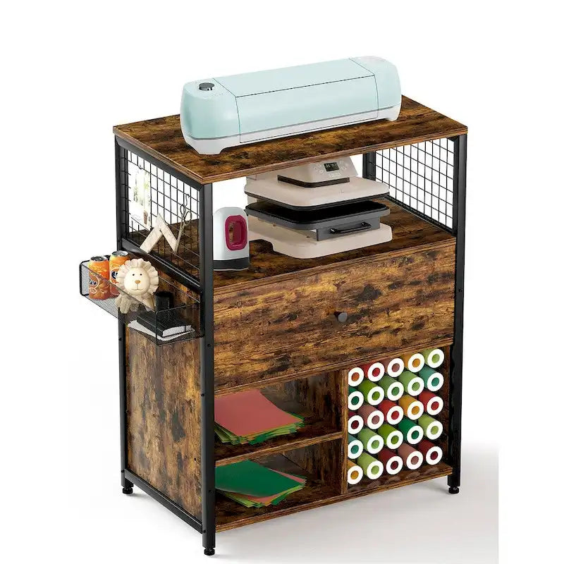 Storage Cabinet with Cricut Machines, Crafting Cabinet with Drawer & 25 Vinyl Roll Holder, Craft Table Desk Workstation for Room