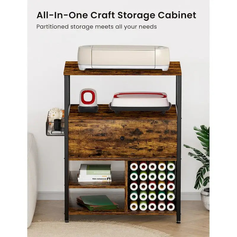 Storage Cabinet with Cricut Machines, Crafting Cabinet with Drawer & 25 Vinyl Roll Holder, Craft Table Desk Workstation for Room