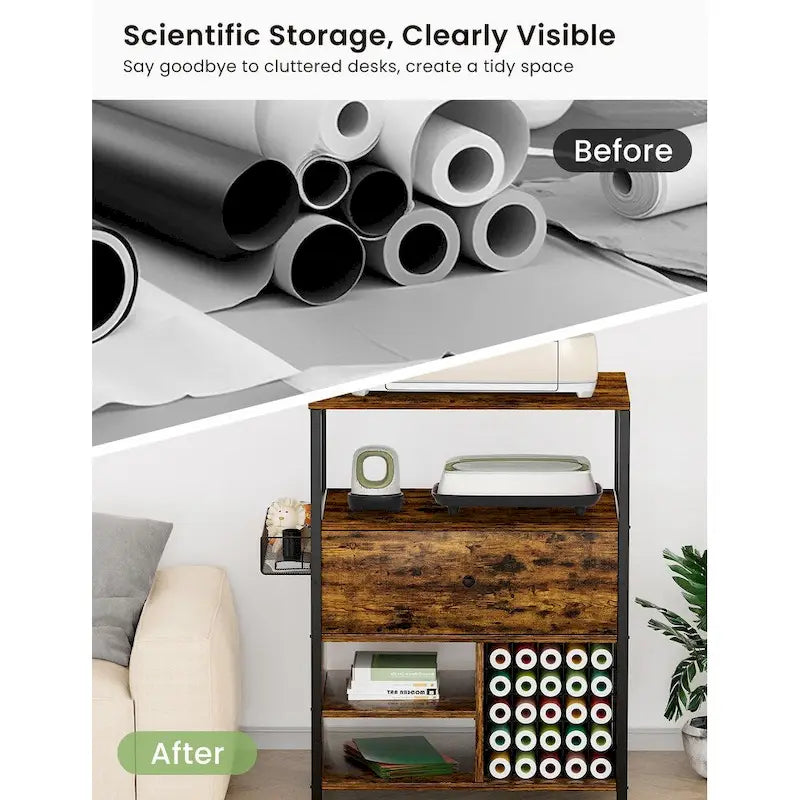 Storage Cabinet with Cricut Machines, Crafting Cabinet with Drawer & 25 Vinyl Roll Holder, Craft Table Desk Workstation for Room