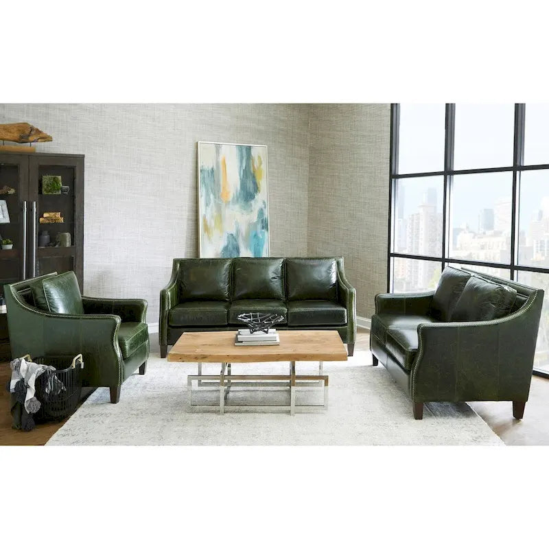 Essex Distressed Green Top Grain Leather Sofa, Loveseat and Chair Set