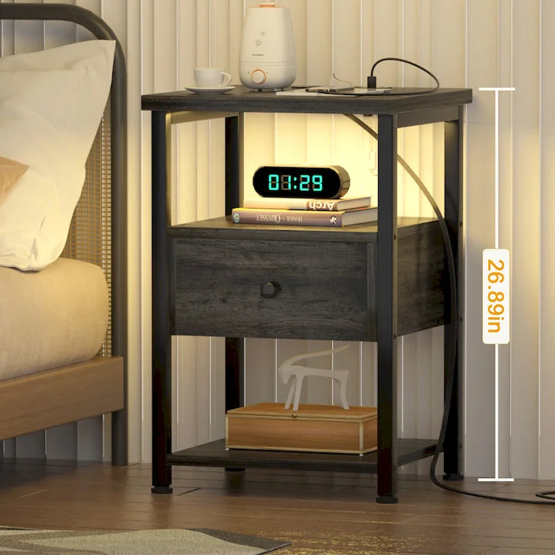 2-piece Farmhouse Wood End Table Drawers Nightstand with Charge Station - Set of 2