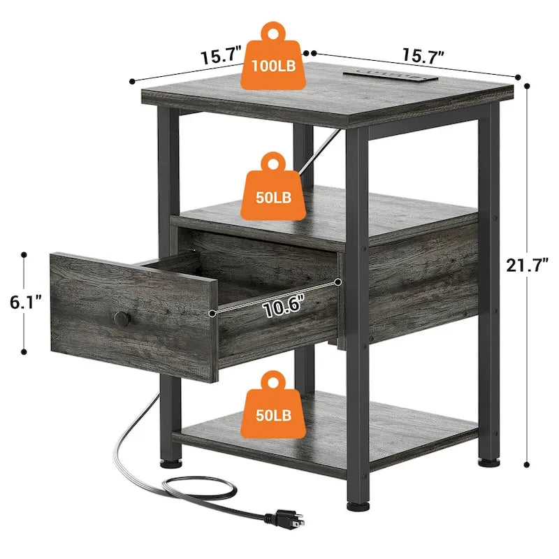 2-piece Farmhouse Wood End Table Drawers Nightstand with Charge Station - Set of 2