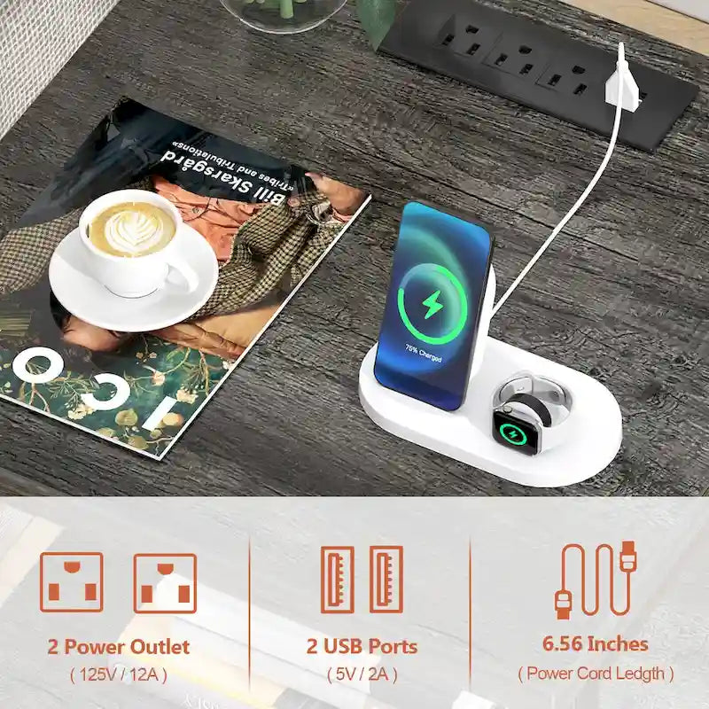 2-piece Farmhouse Wood End Table Drawers Nightstand with Charge Station - Set of 2