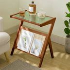 Bamboo Glass Top End Table, Accent Side Table w/ Storage Rack