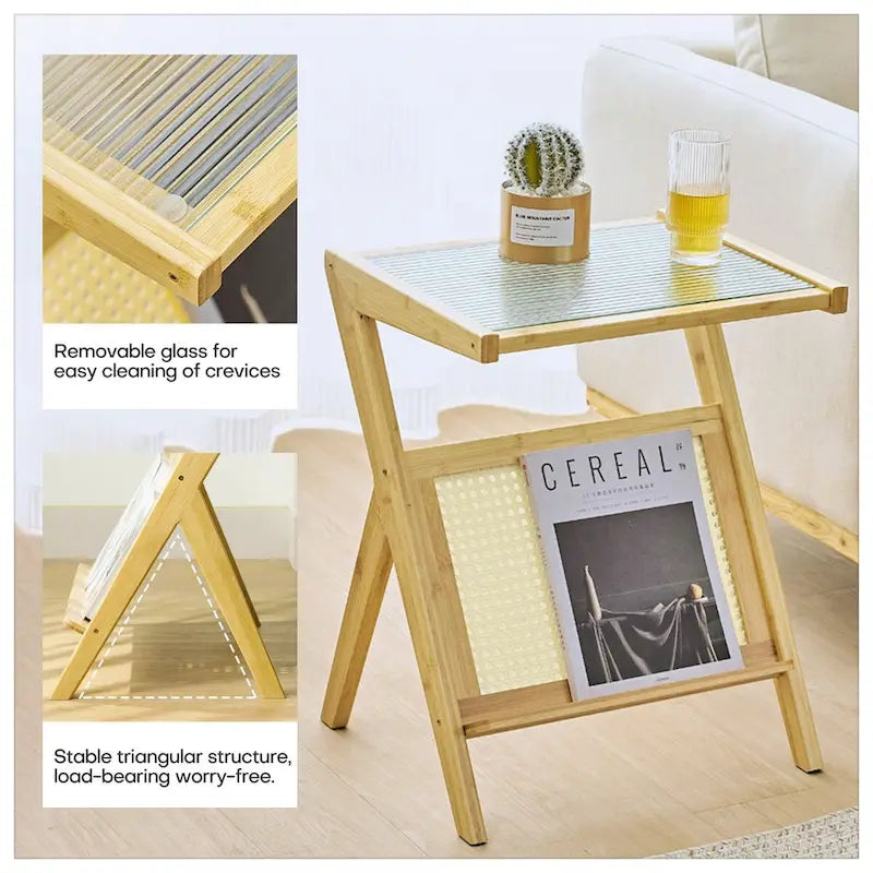 Bamboo Glass Top End Table, Accent Side Table w/ Storage Rack