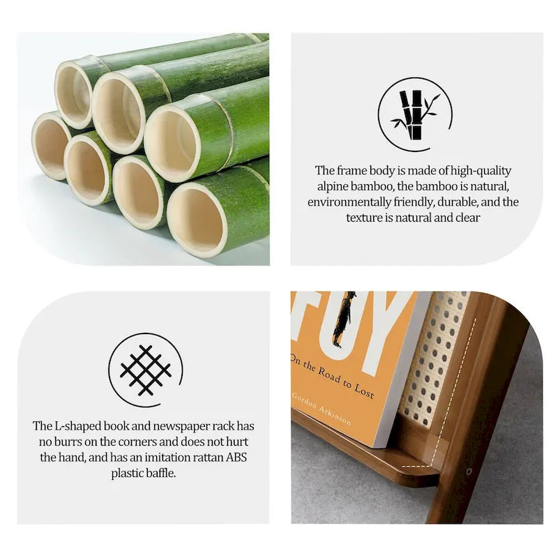 Bamboo Glass Top End Table, Accent Side Table w/ Storage Rack