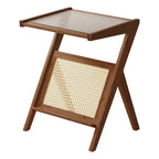 Bamboo Glass Top End Table, Accent Side Table w/ Storage Rack