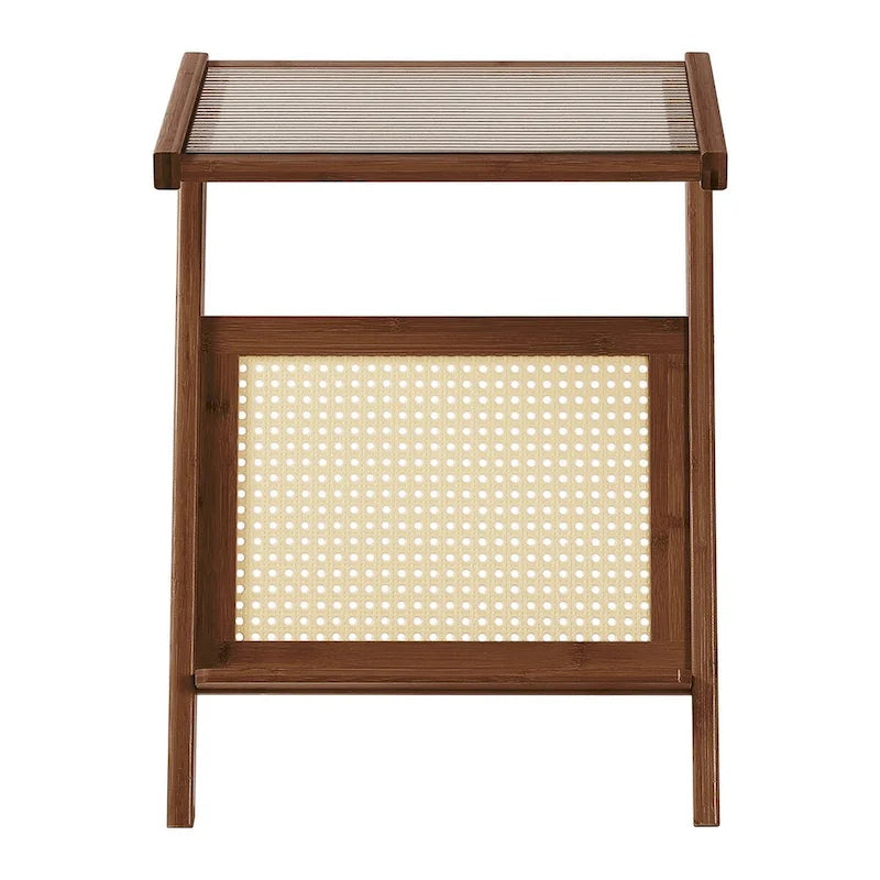 Bamboo Glass Top End Table, Accent Side Table w/ Storage Rack