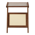 Bamboo Glass Top End Table, Accent Side Table w/ Storage Rack