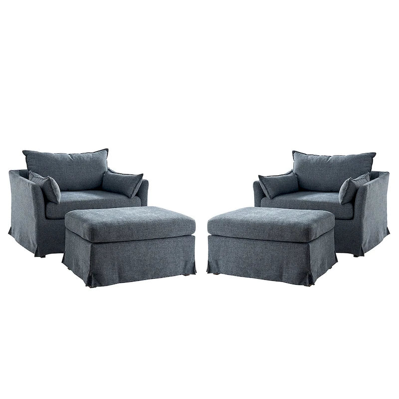 Sophie Modern Oversized Slipcovered Armchair with Ottoman and Lockable Rear Wheels Set of 2 by HULALA HOME