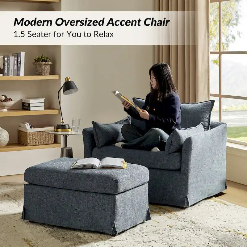 Sophie Modern Oversized Slipcovered Armchair with Ottoman and Lockable Rear Wheels Set of 2 by HULALA HOME
