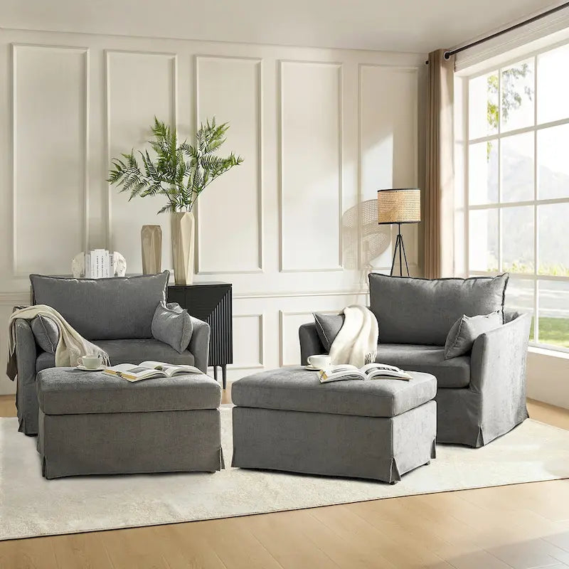 Sophie Modern Oversized Slipcovered Armchair with Ottoman and Lockable Rear Wheels Set of 2 by HULALA HOME