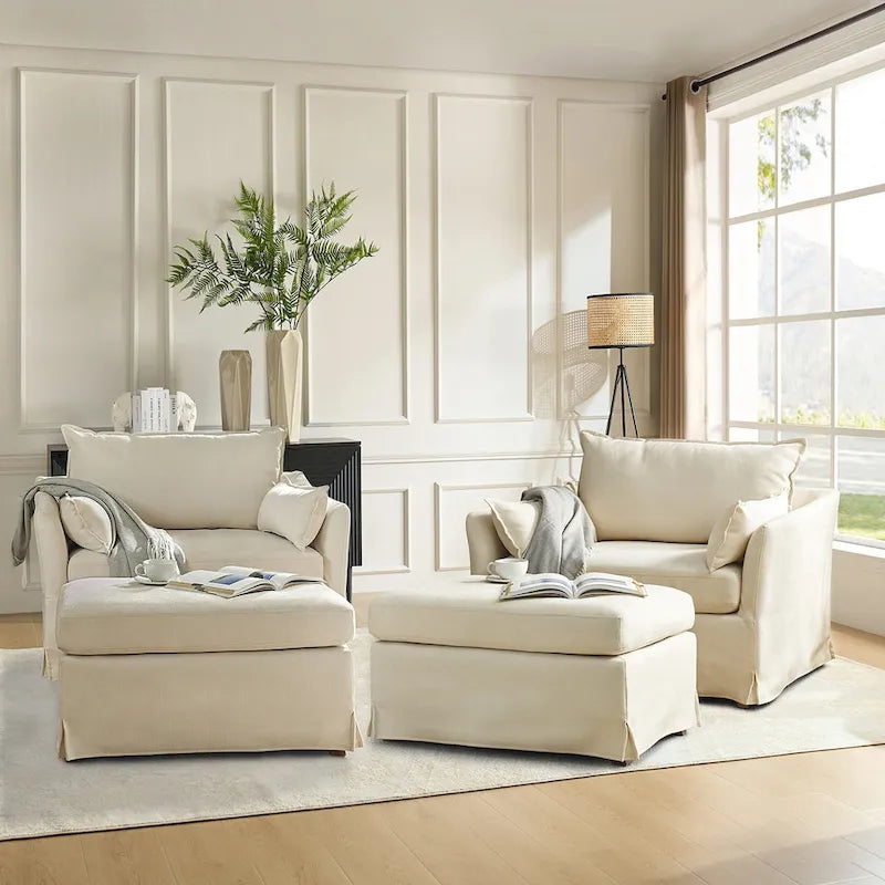 Sophie Modern Oversized Slipcovered Armchair with Ottoman and Lockable Rear Wheels Set of 2 by HULALA HOME