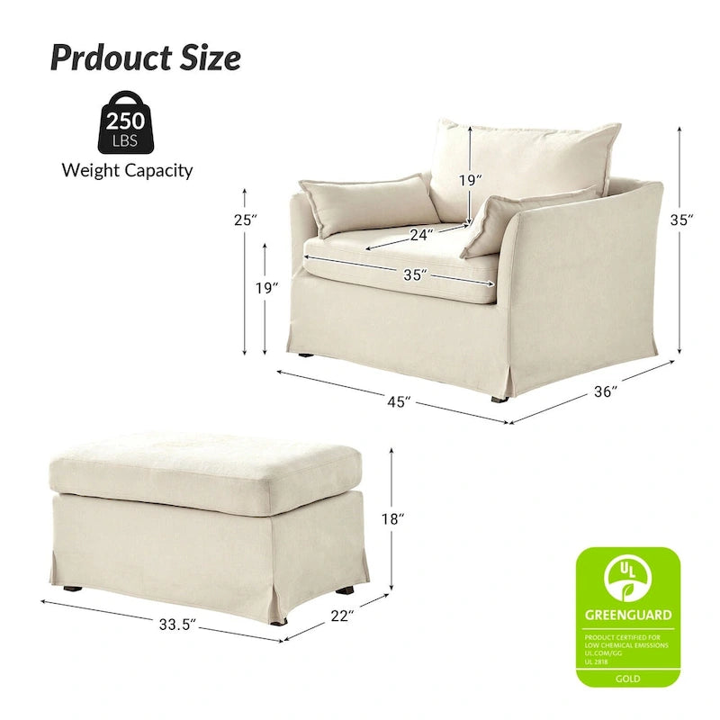 Sophie Modern Oversized Slipcovered Armchair with Ottoman and Lockable Rear Wheels Set of 2 by HULALA HOME