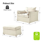 Sophie Modern Oversized Slipcovered Armchair with Ottoman and Lockable Rear Wheels Set of 2 by HULALA HOME