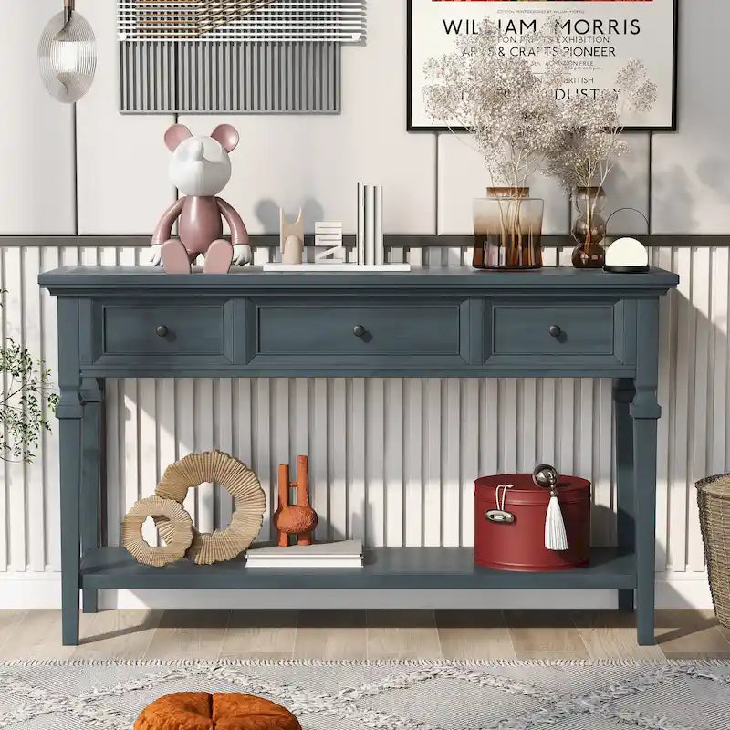 Classic Console Table with 3 Top Drawers and Open Style Bottom Shelf