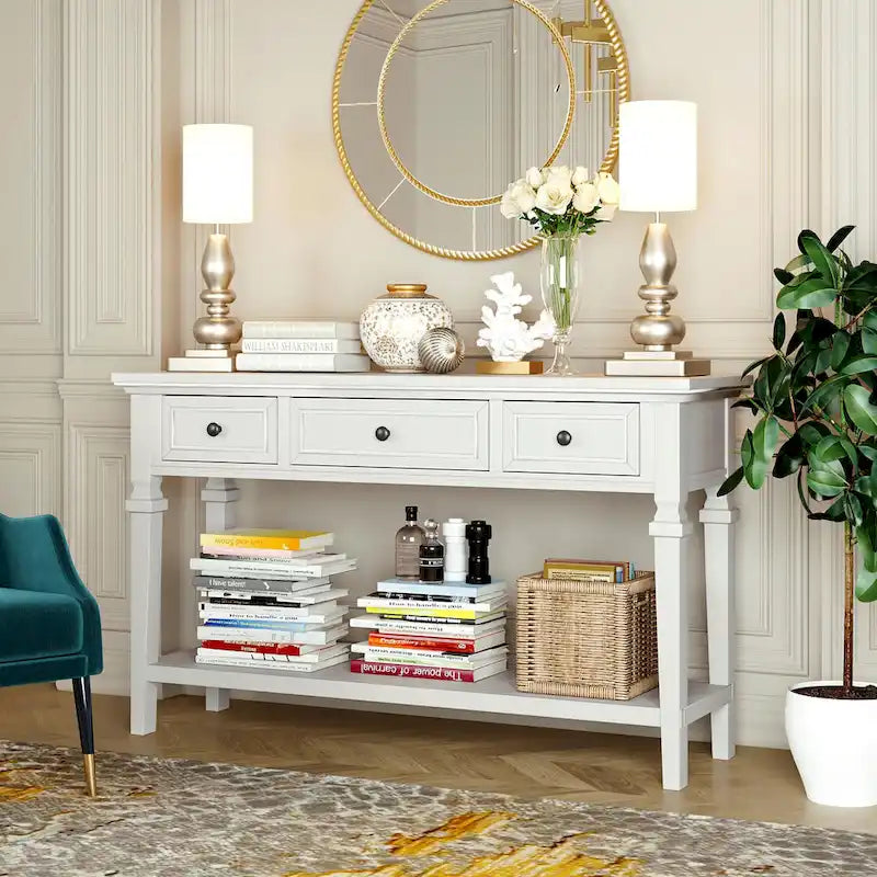 Classic Console Table with 3 Top Drawers and Open Style Bottom Shelf
