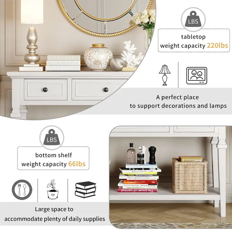 Classic Console Table with 3 Top Drawers and Open Style Bottom Shelf