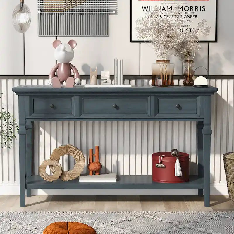 Classic Console Table with 3 Top Drawers and Open Style Bottom Shelf