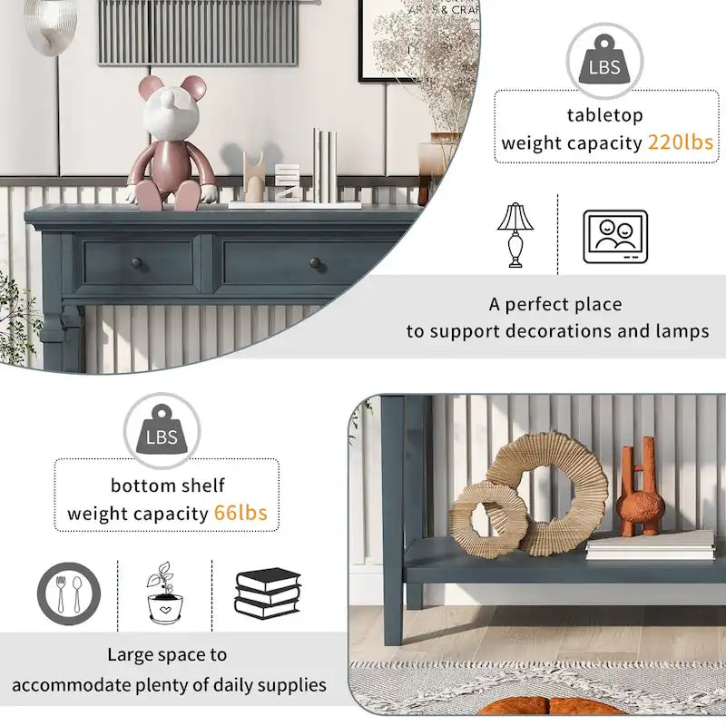 Classic Console Table with 3 Top Drawers and Open Style Bottom Shelf